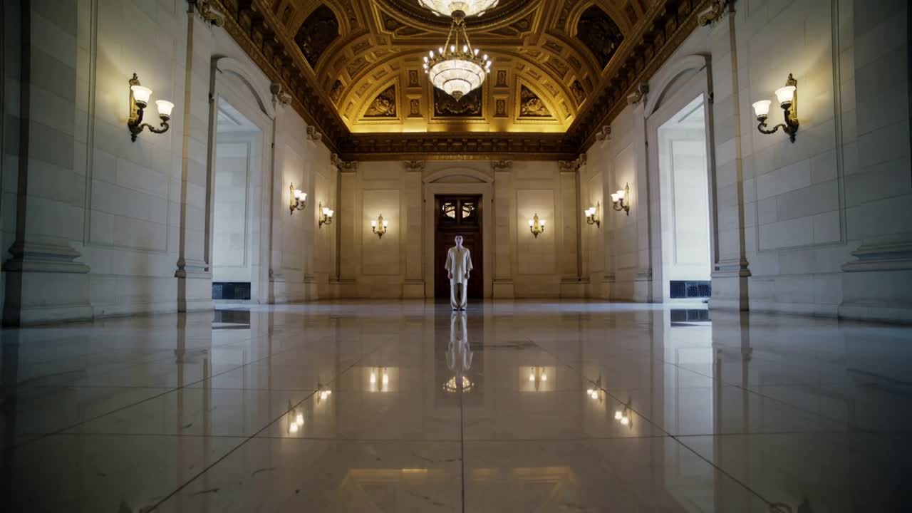 Un uomo in abito chiaro si sposta leggermente all'ingresso centrale di una grande sala, sotto un lampadario.