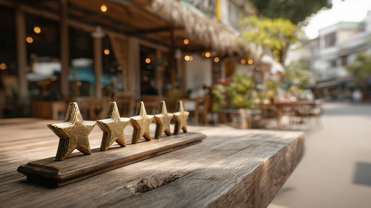 A Close-Up View of Five Vintage Gold Stars on a Wooden Table with a Charming Outdoor Café Background in Daylight, Symbolizing Quality and Excellence