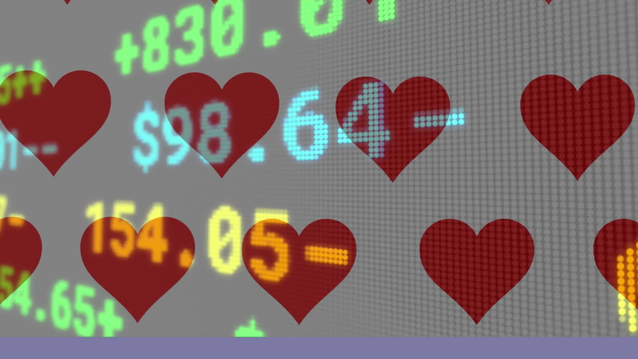 animación de filas de corazones rojos con procesamiento de datos financieros