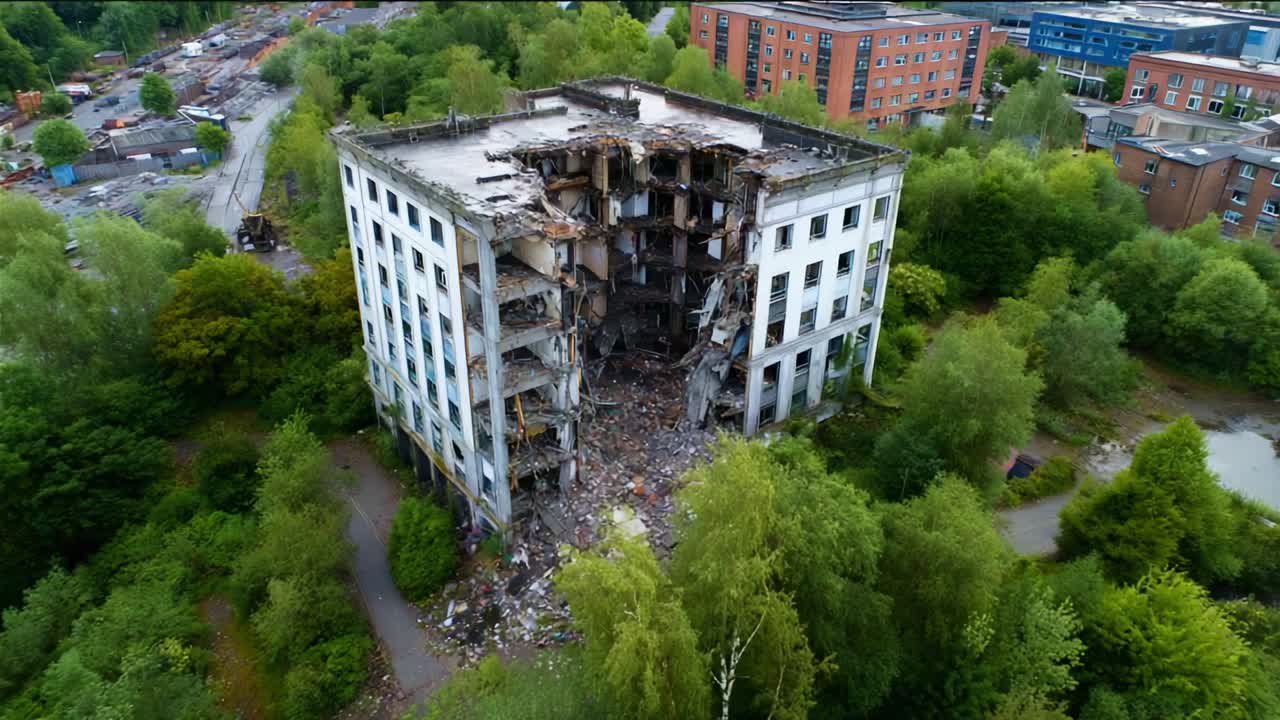 Distruzione e natura: vedute aeree di un edificio in rovina circondato da una vegetazione lussureggiante che evidenziano il contrasto tra decadenza e rinascita nei paesaggi urbani
