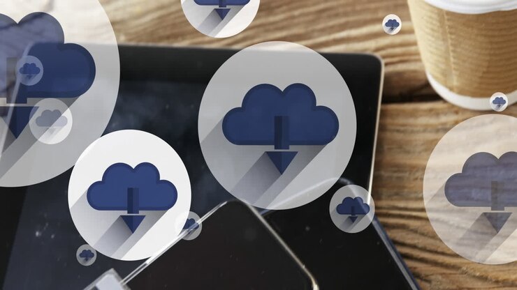 Animation of online white cloud with arrow icons moving over tablet on wooden table