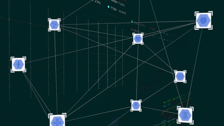 Animation of icons in white squares connected with lines over graphs and trading board