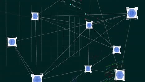 animación de iconos en cuadrados blancos conectados con líneas sobre gráficos y tablero de negociación.