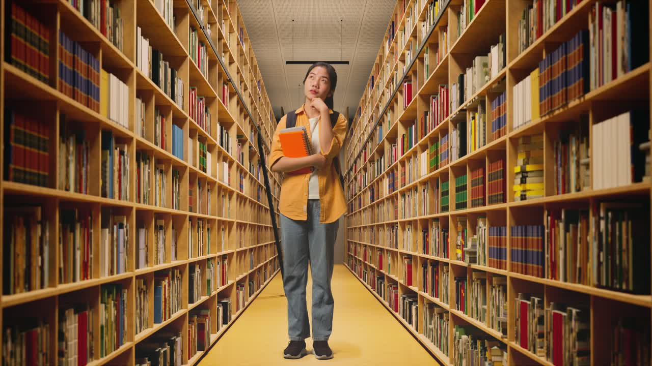 cuerpo lleno de estudiante mujer asiática con una mochila y algunos libros pensando y mirando a su alrededor luego levantando su dedo índice mientras estaba de pie en la biblioteca