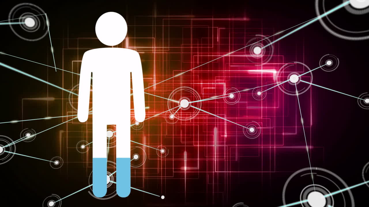 Animation of abstract figure with glowing geometric patterns over digital network