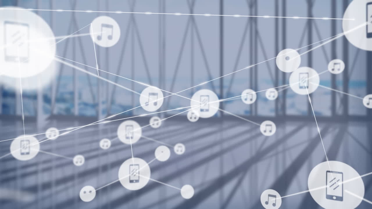 사무실 창문에서 도시 풍경을 볼 수 있는 디지털 아이콘 네트워크의 애니메이션