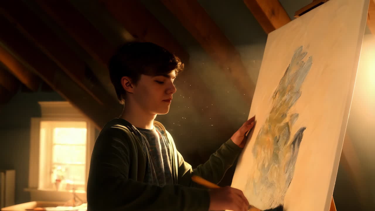 Teenager painting in an attic