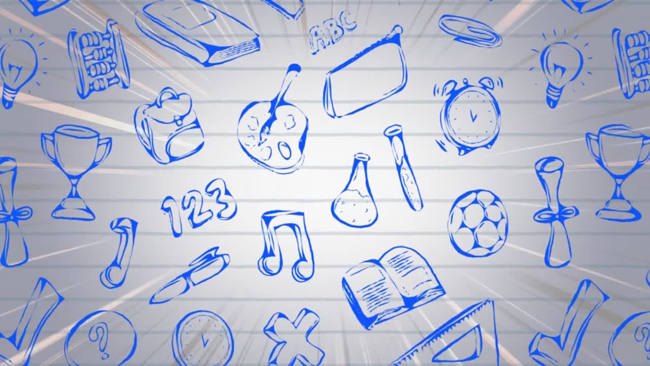 animazione di oggetti scolastici che cadono su uno sfondo bianco