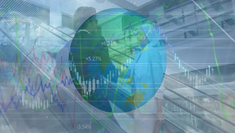 animación del procesamiento de datos financieros y el mundo sobre dos personas de negocios diferentes