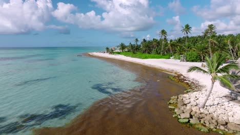 Aerial-view-over-the-Sargazo-paradise-beach-in-sunny-Punta-cana,-Dominican-republic