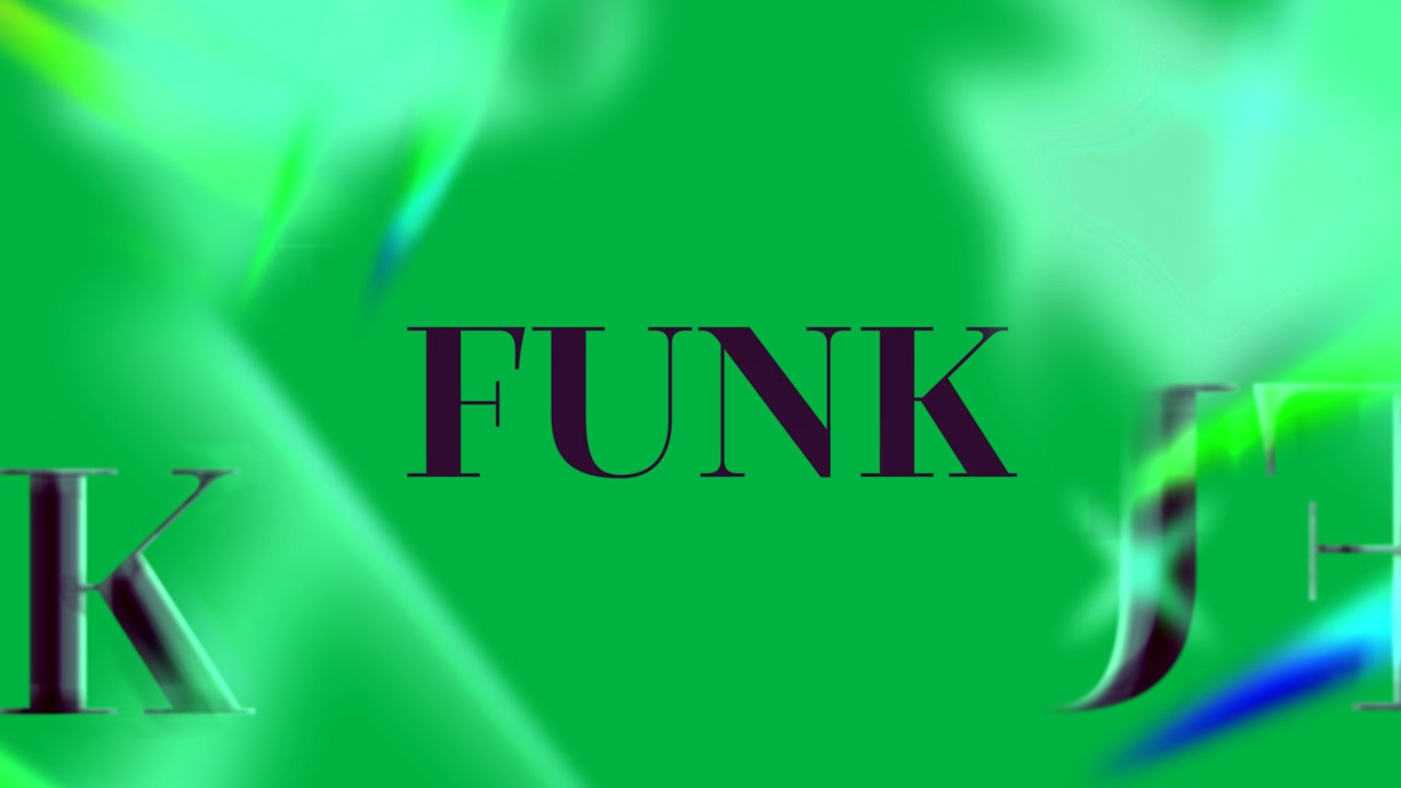 Animazione di testo "funk" in nero, con forme verdi luminose su sfondo trasparente.