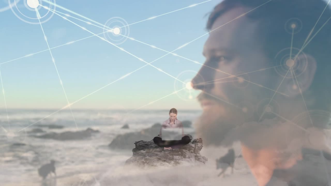 Tech woman sitting rock typing laptop at shore, causing network nodes growing and male head rising