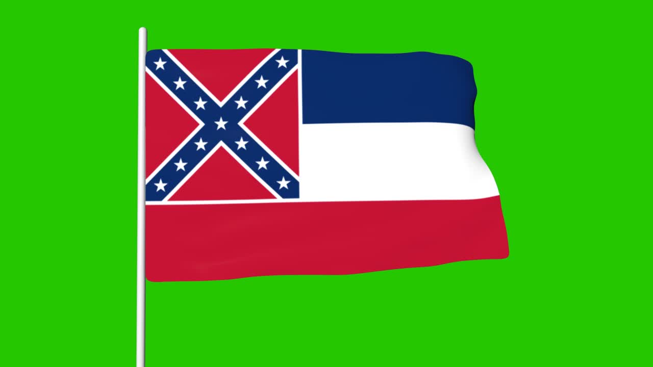 animación de la bandera del estado de mississippi en una pantalla verde. animación 3d