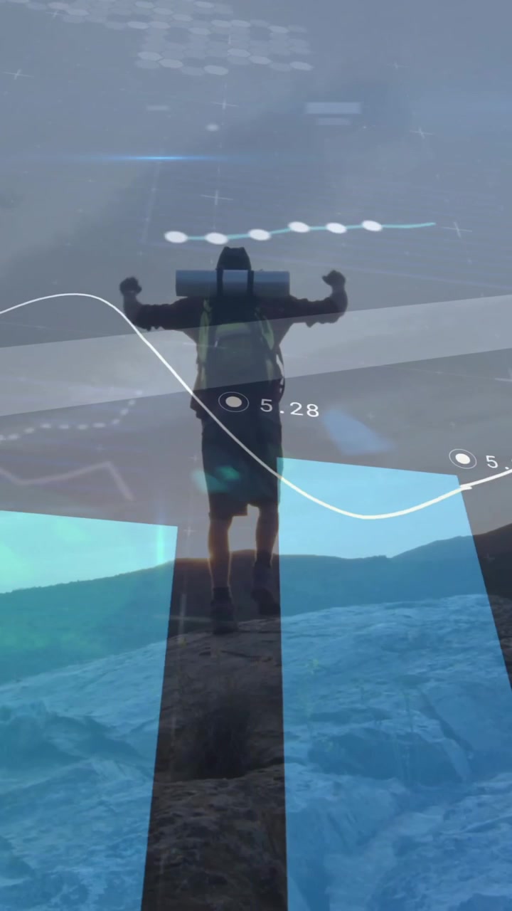Animation of financial data processing over caucasian man hiking in mountains