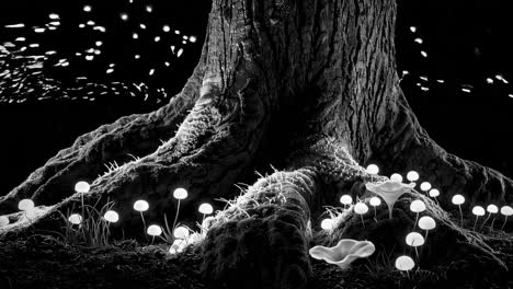 setas brillantes en la base de un árbol por la noche