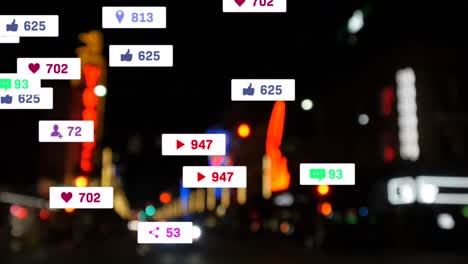animación de iconos y números de redes sociales sobre el tráfico vial y las luces del paisaje urbano
