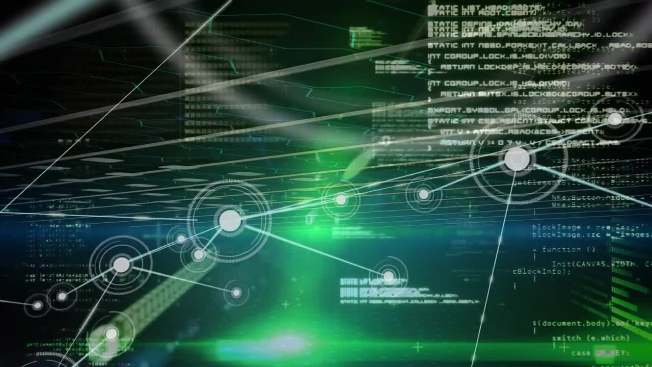 Animation of network of connections, data processing and green light spots on black background
