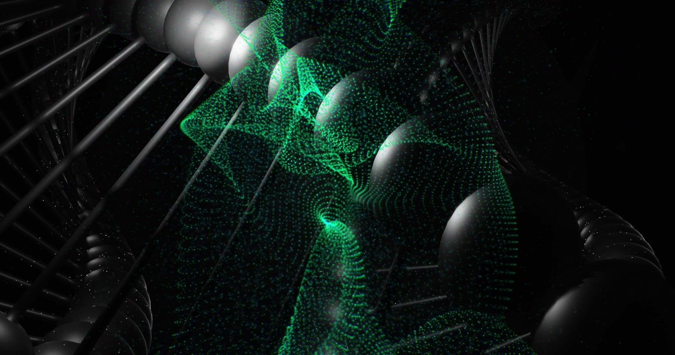 Faint green mesh starting, flowing through double-helix of matte beads and rods, showing helix form