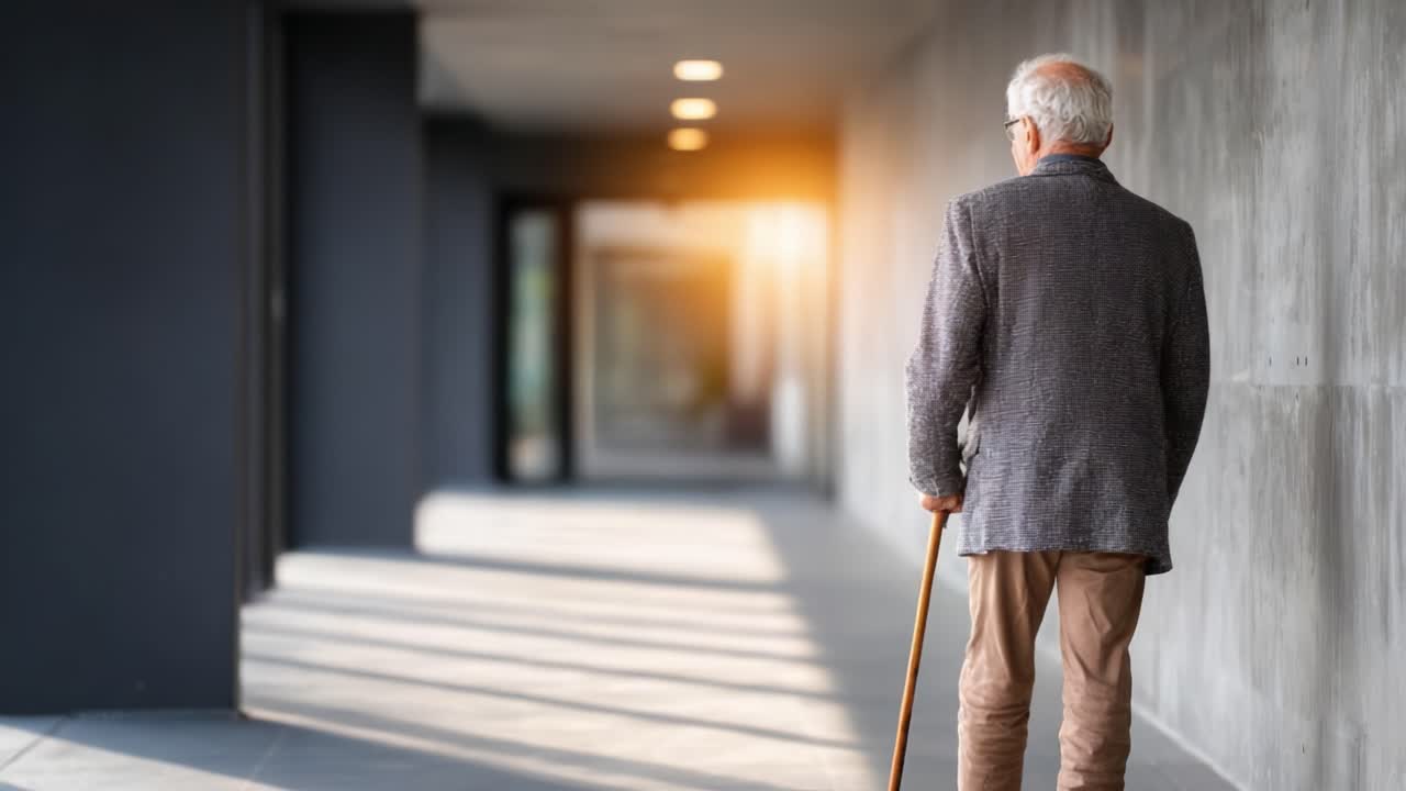 An elderly man walks slowly along a corridor, using a cane for support as the warm sunlight filters through the space, creating a serene atmosphere of reflection and solitude