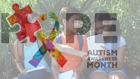 animation of colourful puzzle pieces and autism text over kids friends using electronic devices