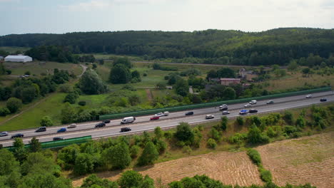 Highway-infrastructure-in-Poland-near-Gdynia,-aerial-drone-view-of-traffic