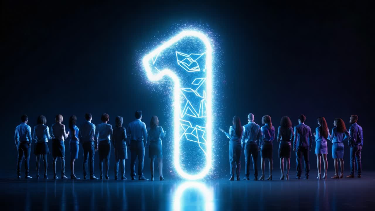 A captivating visual journey through innovation, showcasing a group of diverse individuals standing together in front of a glowing digital number one, symbolizing unity and progress in technology