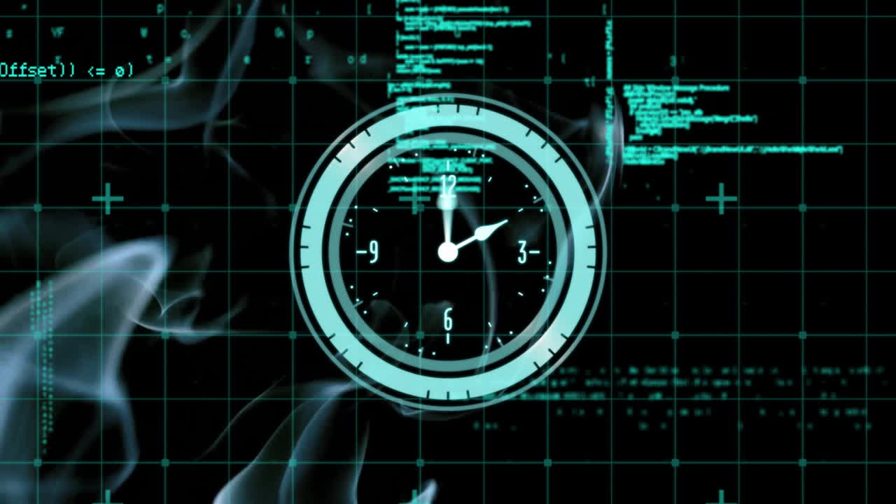 Clock with moving hands over digital code and grid animation