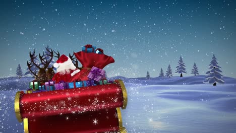 Animación-De-Santa-Claus-En-Trineo-Con-Regalos-De-Navidad-Y-Nieve-Cayendo-En-El-Paisaje-Invernal