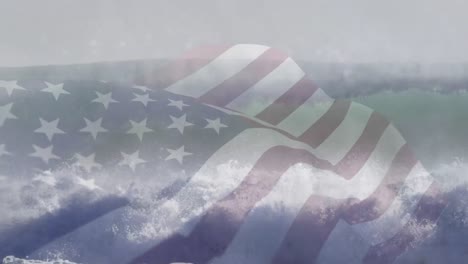 digital composition of waving us flag against waves in the sea