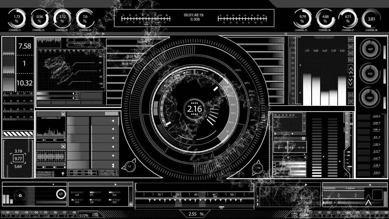 Animation of data processing with scope scanning over dna strand on black background