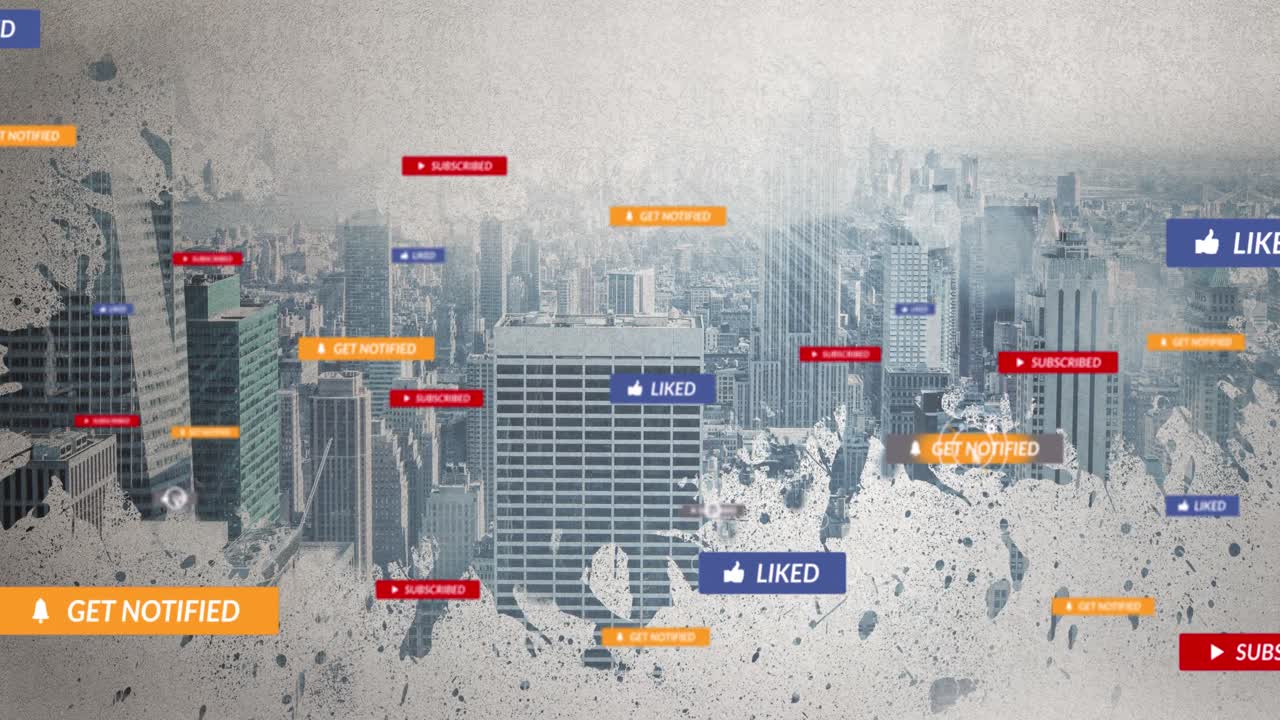 도시 풍경에 있는 다채로운 배너의 소셜 미디어 아이콘과 텍스트 위에 이동하는 커서의 애니메이션