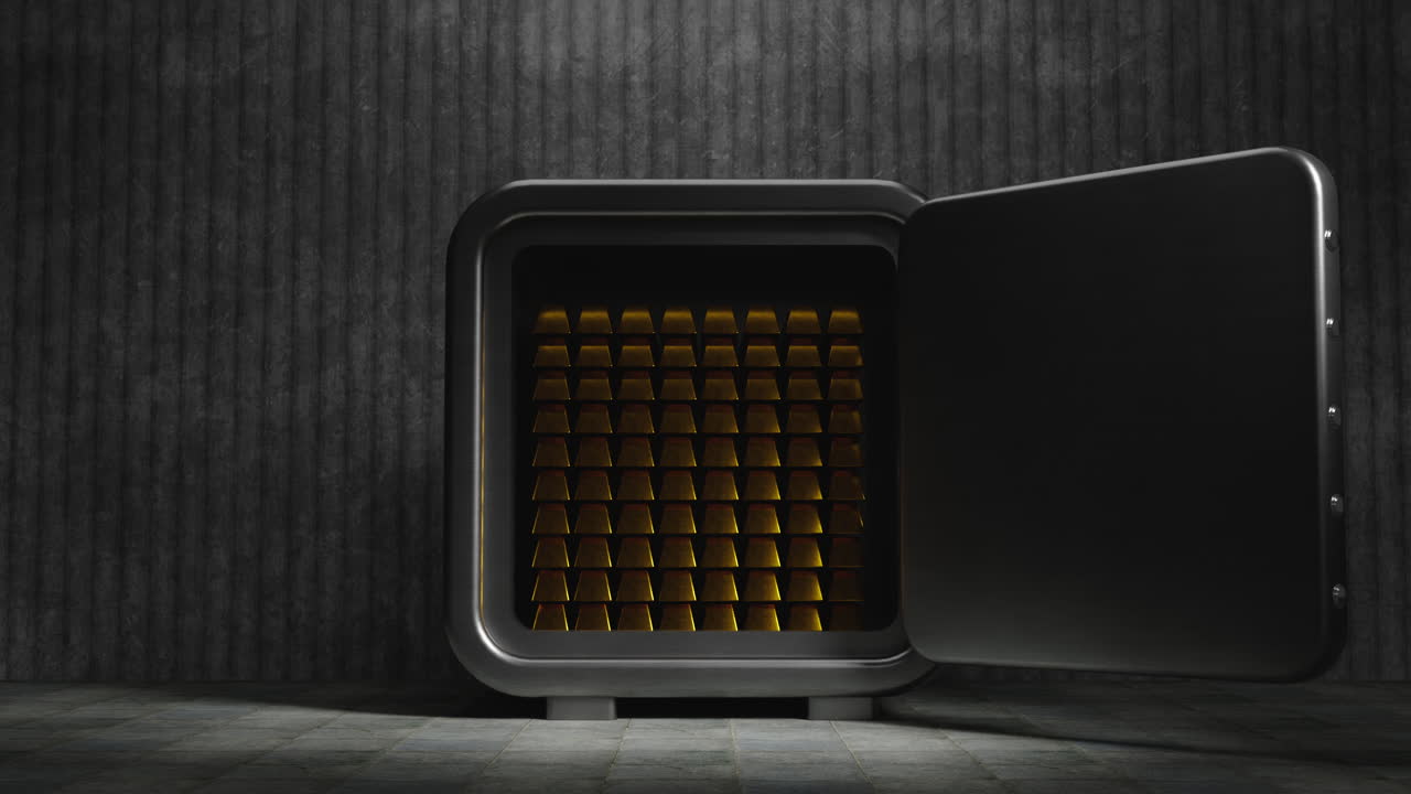 Steel safe opens heavy door, revealing golden ingots inside
