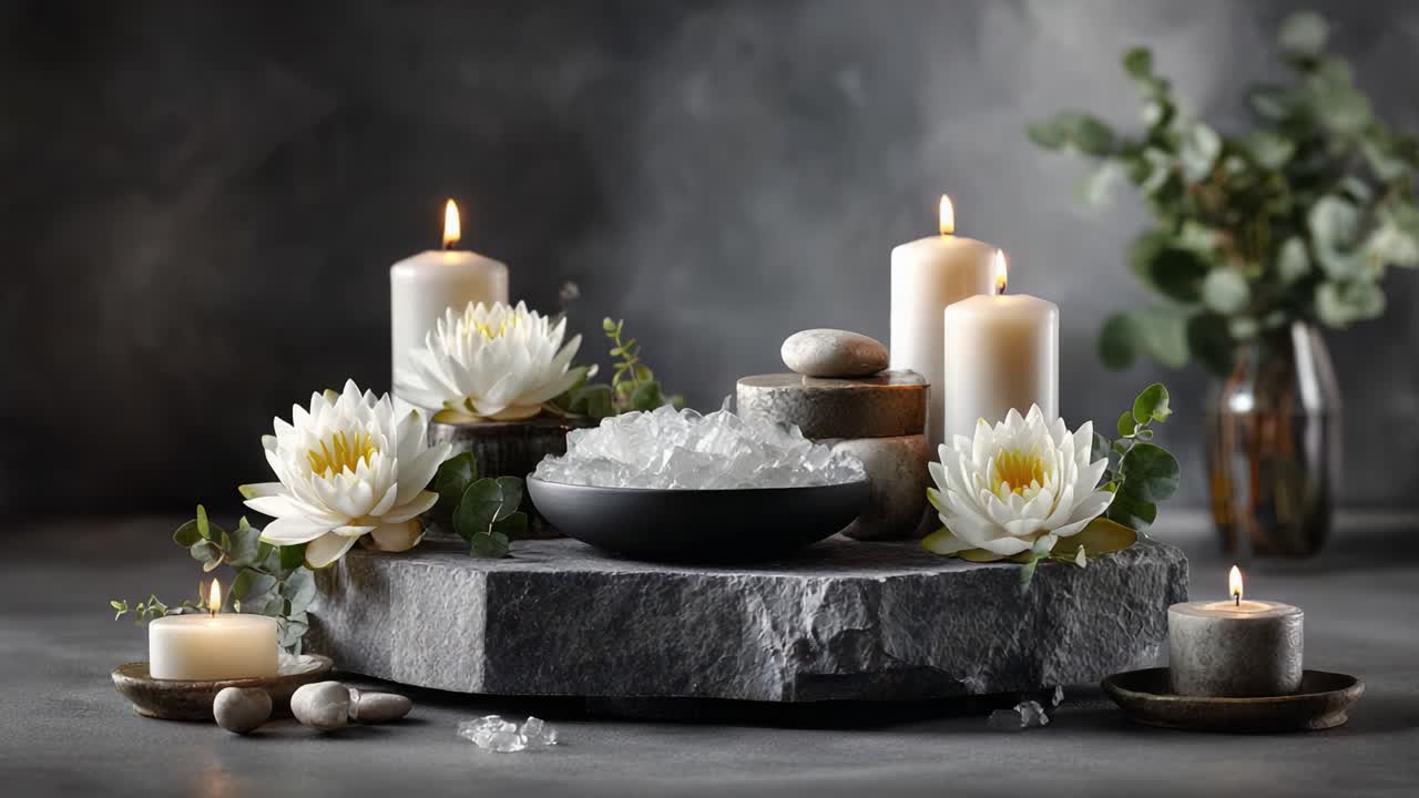 En elegant og fredfyldt udstilling af lotusblomster, stearinlys og sten på en stenpiedestal skaber en rolig og fredelig atmosfære, perfekt til meditation og afslapning