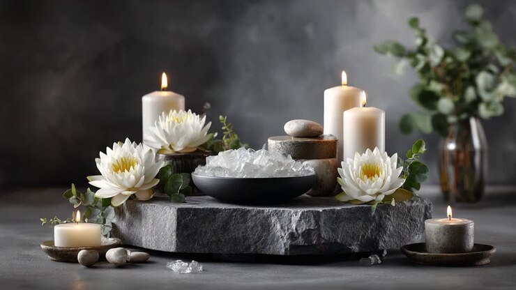En elegant og fredfyldt udstilling af lotusblomster, stearinlys og sten på en stenpiedestal skaber en rolig og fredelig atmosfære, perfekt til meditation og afslapning