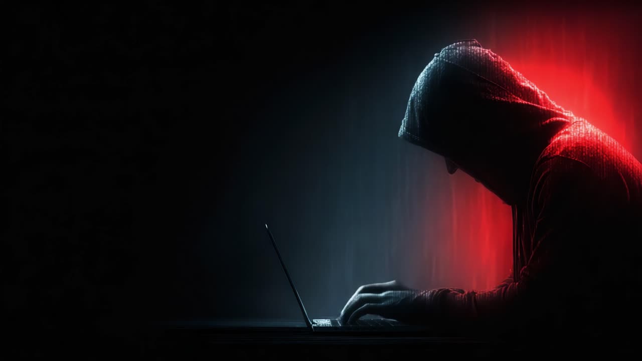 En skyggefuld skikkelse sidder foran en bærbar computer, indhyllet i mørke med en uhyggelig rød og blå baggrund, der repræsenterer den digitale verdens tiltrækning og farer samt cybertrusler