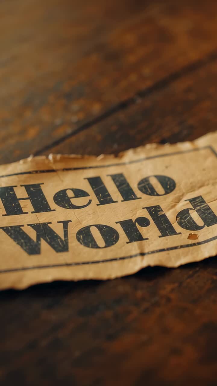 Vertical video: Opening camera panning, revealing torn brown paper on dark desk Hello World print