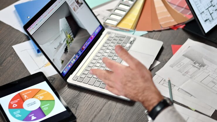 Colleghi che analizzano la planimetria di un edificio su un tablet a un tavolo in ufficio