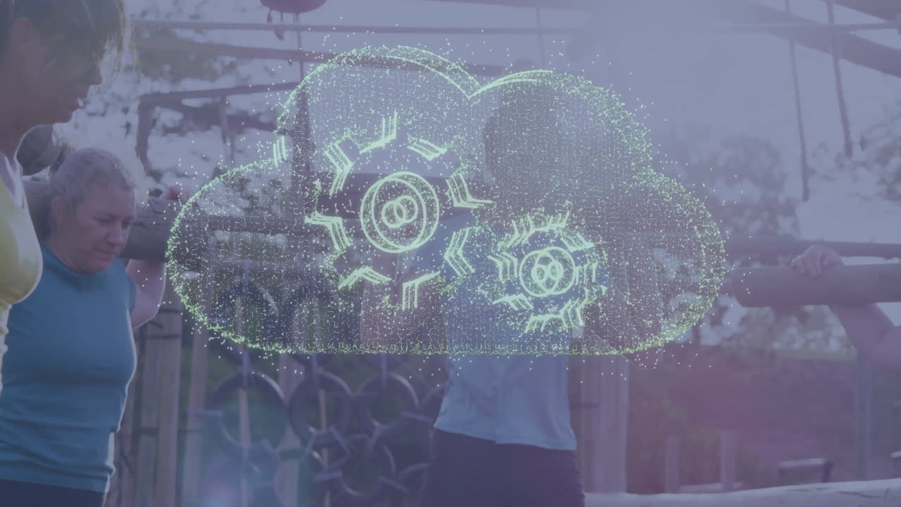 Cloud computing gears animation above people exercising in park setting outdoors