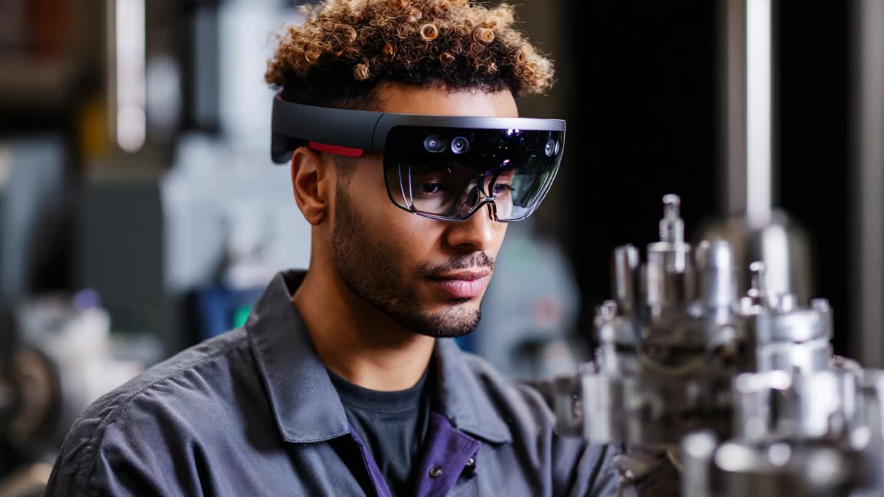 A Skilled Worker Utilizing Advanced Augmented Reality Technology while Assembling Precision Components in a State-of-the-Art Manufacturing Environment, Showcasing Modern Techniques in Engineering and Production