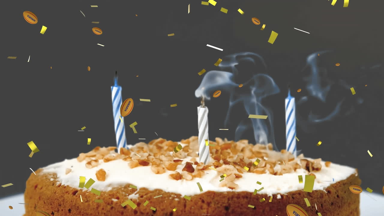 animación de bolas y confeti cayendo sobre el pastel de cumpleaños