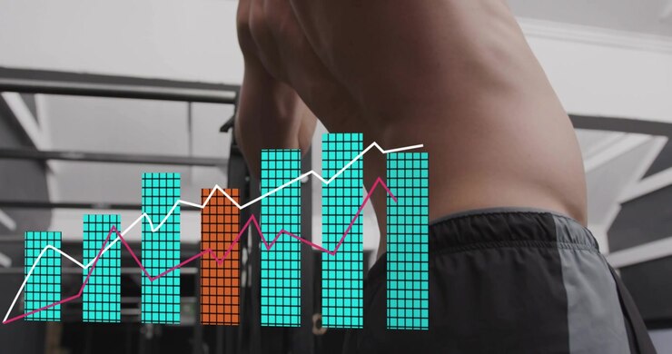 Uomo di mezza età che entra e afferra una sbarra per trazioni, tirando verso l'alto mentre un grafico fitness e linee di tendenza si espandono.