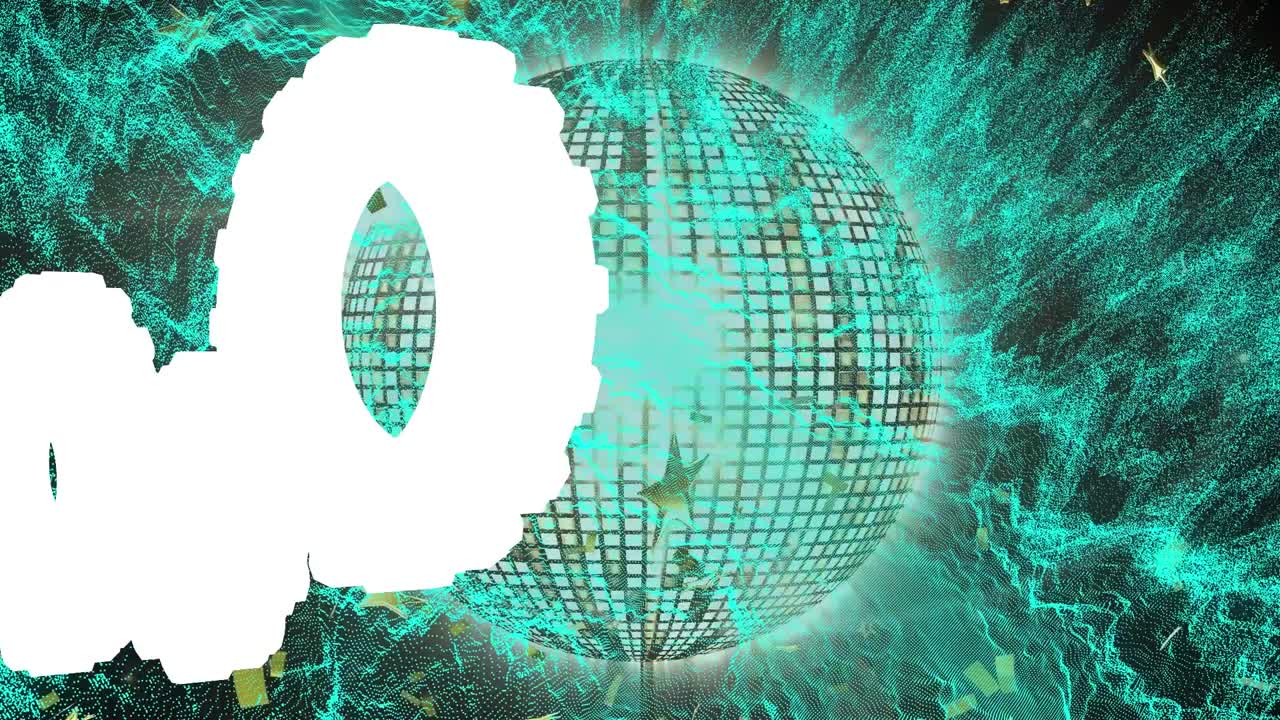 Animation of shapes with light trails and stars over disco ball on black background