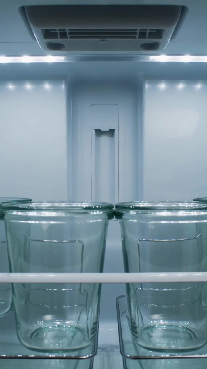 Video verticale: Riordinare snack che scivolano in avanti, impilando barattoli di vetro sullo scaffale del frigorifero.