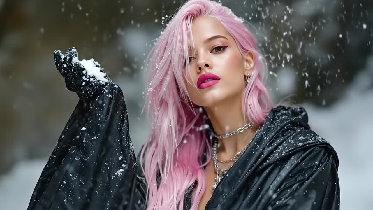 A woman with pink hair and a black jacket in the snow