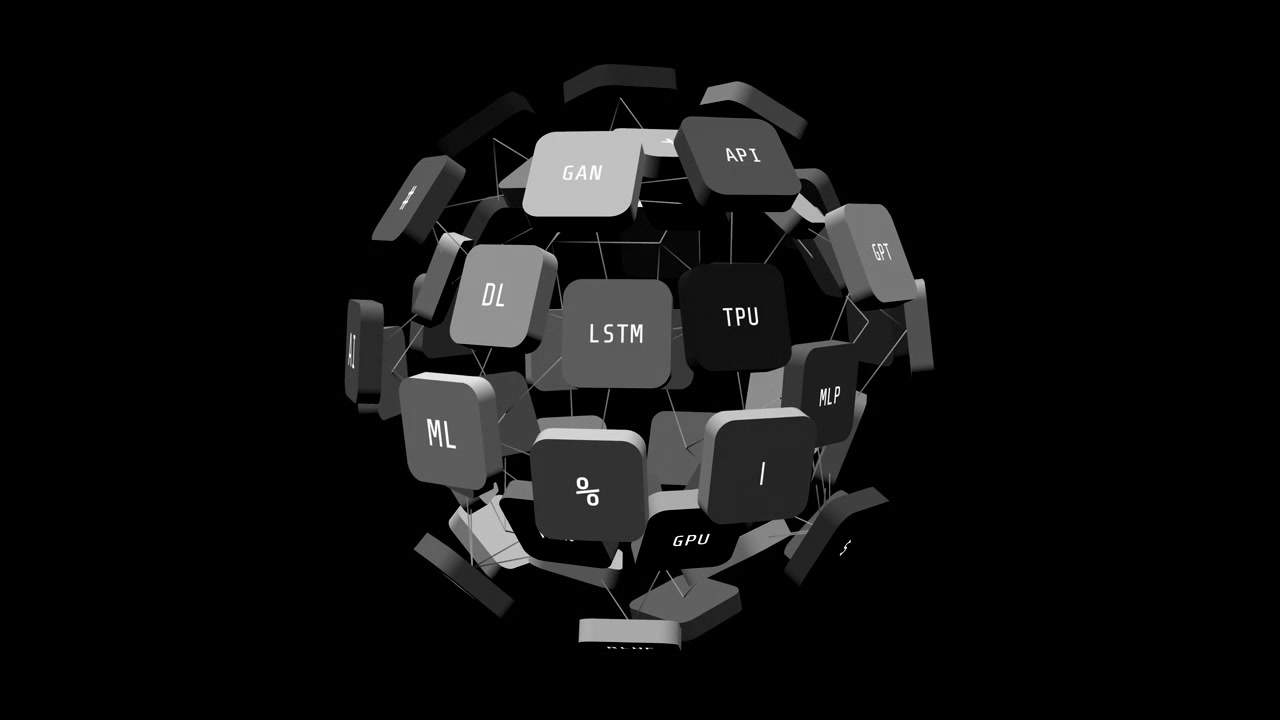 A 3D rotating globe made of floating keyboard keys displaying AI terminology and machine learning acronyms
