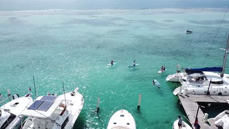 Dominican-republic---Boca-chica-2022---drone-shot-approaching-a-group-of-tourists-paddle-surfing-on-a-beautiful-sunny-day