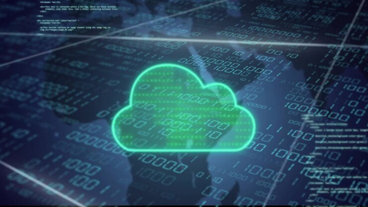 Neon cloud receiving incoming binary, pulsing expanding, filling with binary, showing connection