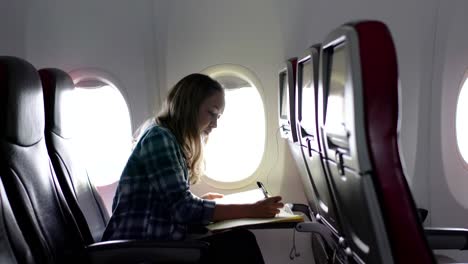 girl in airplane working