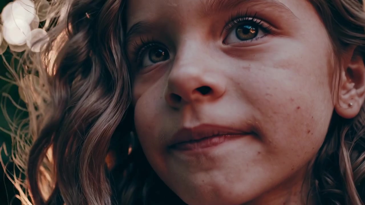 Close-up Portrait of a Young Girl with Curly Hair Looking Up