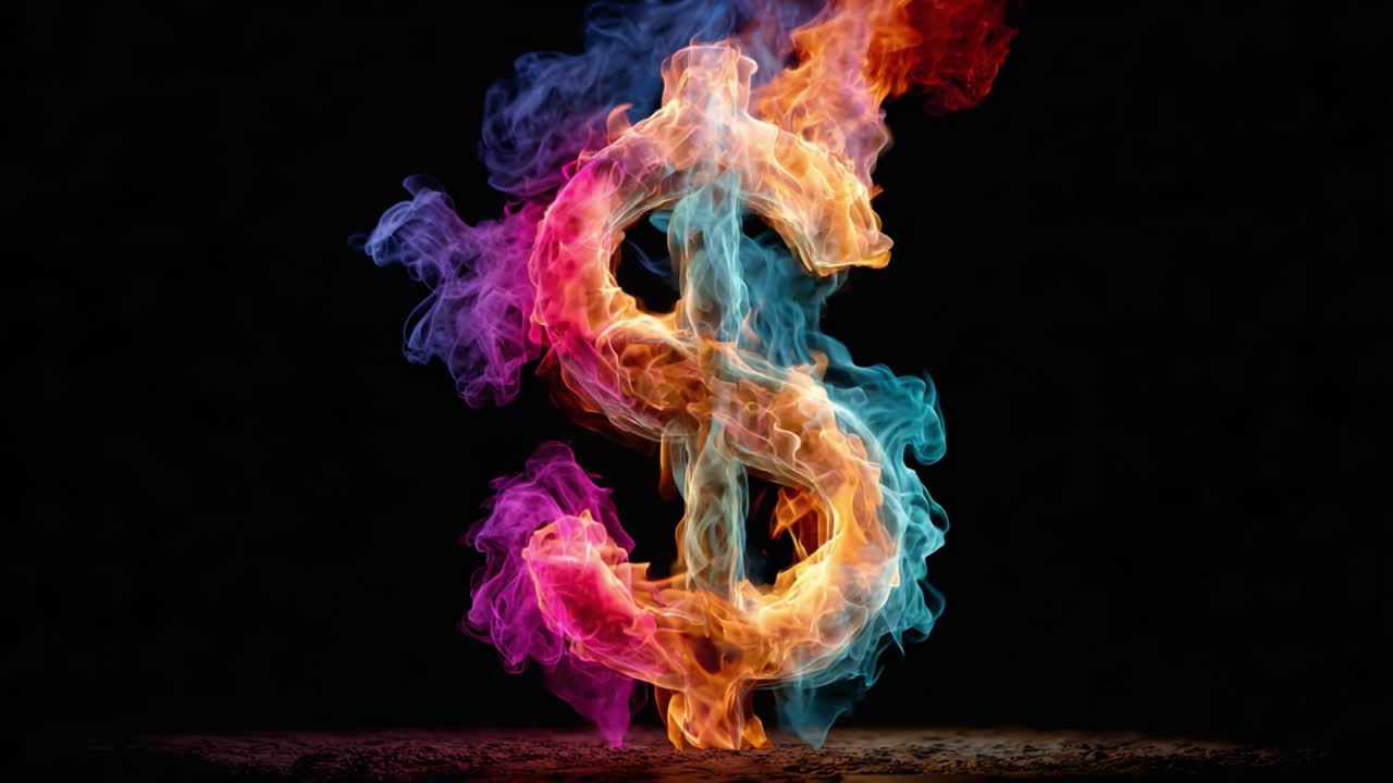 Dynamisk transformation af et dollarsymbol: Fra farverige flammer til solid glød, der viser finansielle temaer og koncepter